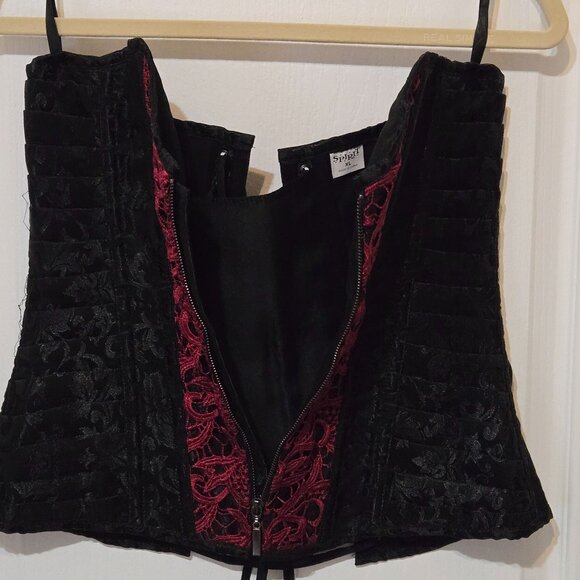 Gothic Brocade Lace-Up Corset Steampunk Black & Red Victorian Front Zipper XL - Picture 7 of 11